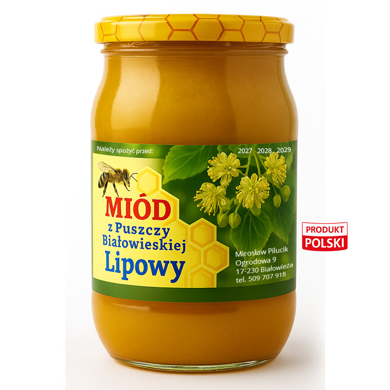 Słoik miodu lipowego Lipiec Białowieski 1250g z pasieki w Białowieży