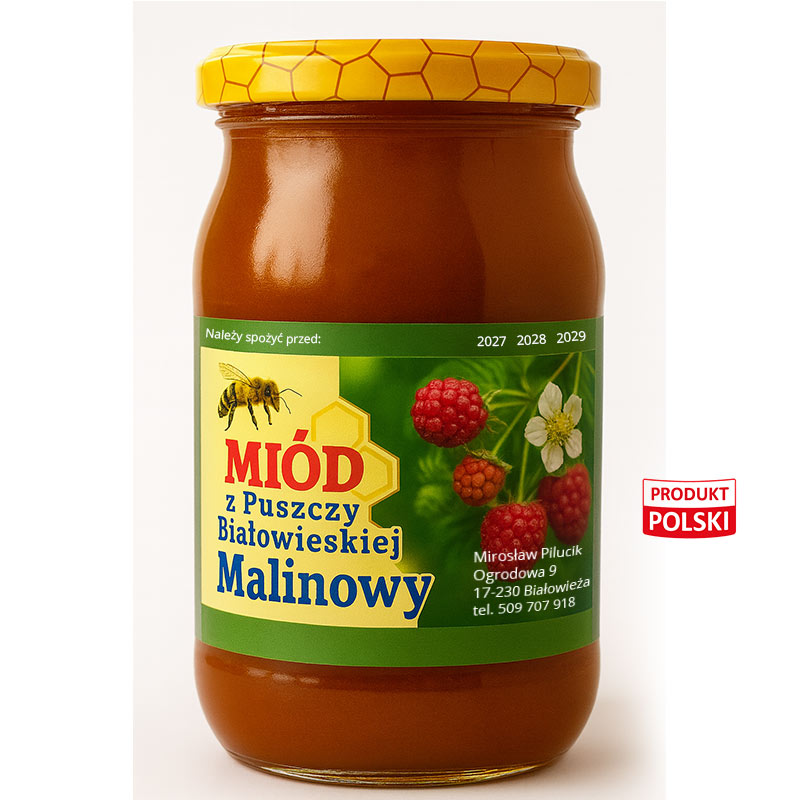 Miód malinowy naturalny 1250 g - sprzedaż miodu z lokalnej pasieki w Białowieży