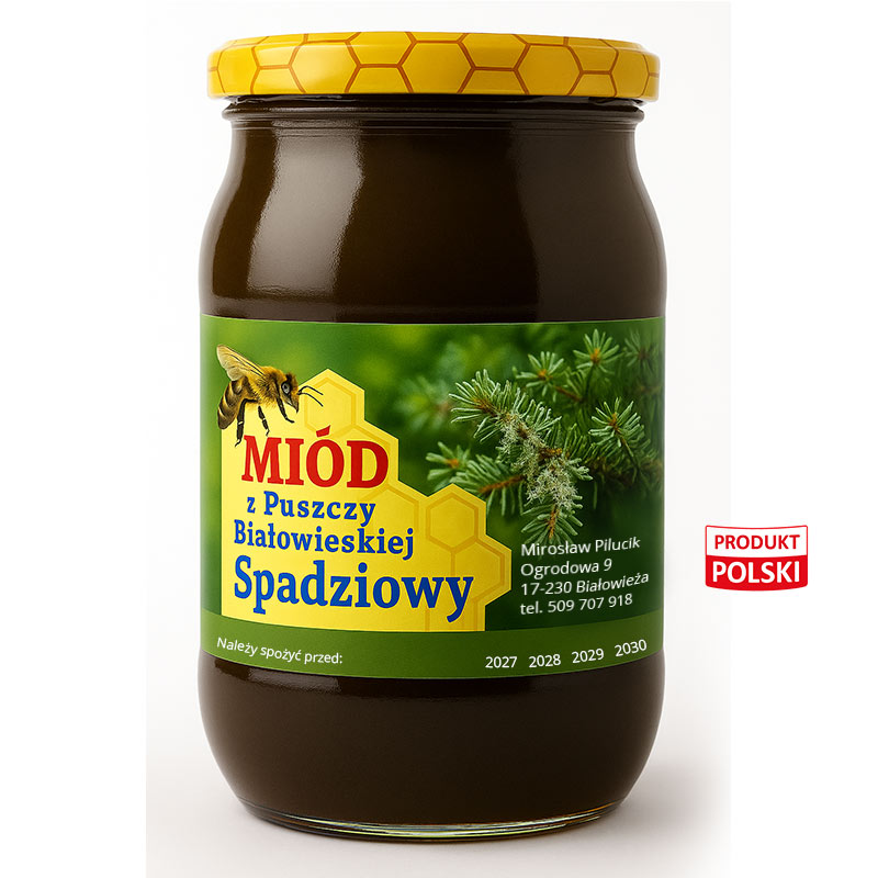 Naturalny miód spadziowy 1250g w słoiku 0,9 l – zbiór 2025 z Puszczy Białowieskiej